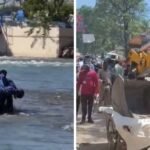 अतिक्रमण की कार्रवाई से बचने के लिए ठेली लेकर गंगा में घुसे युवक, प्रशासन के फूले हाथ-पांव